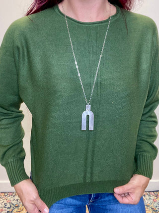 Army Green Front Seam Round-Neck Sweater