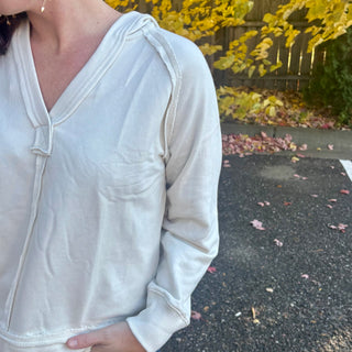 Cream Hooded V-Neck Long Sleeve