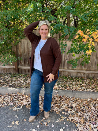 Chocolate Waffle Knit Open Cardigan Sweater