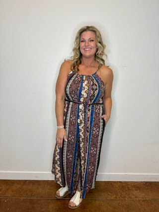 Purple/Blue Aztec Print Wide Leg Jumpsuit