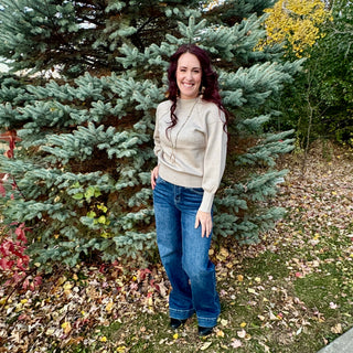 Beige Mock Neck Exposed Seam Sweater