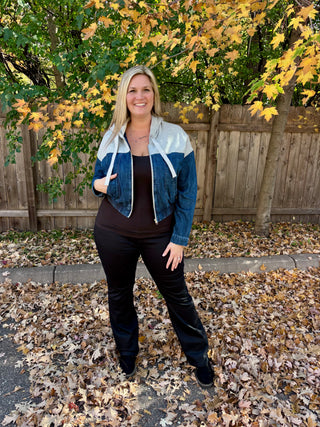 Risen Dark Denim Bomber Jacket with Gray Contrast Hoodie Top