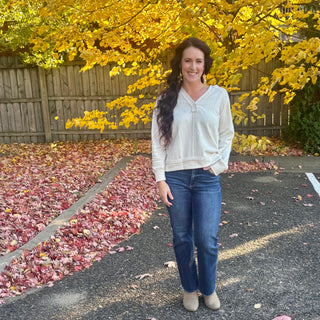 Cream Hooded V-Neck Long Sleeve