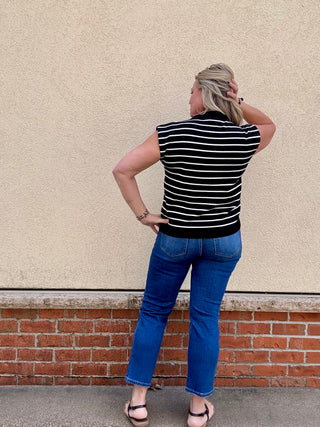 Ivory/Black Striped Collared Sweater Sleeveless Top