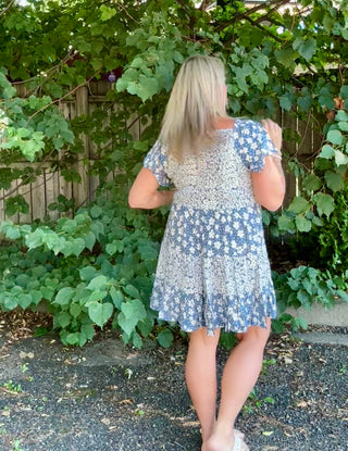 Short Sleeve Blue/White Floral Smocked Bodice Dress