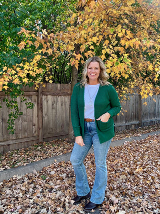 Hunter Green Waffle Knit Open Cardigan Sweater