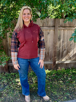 Maroon Soft Knit Hoodie with Mixed Plaid Details