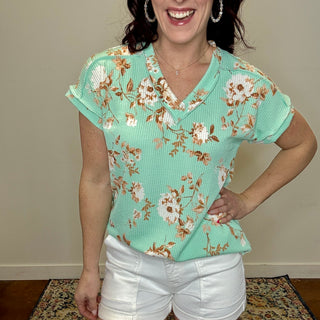 Mint Floral Ribbed Top