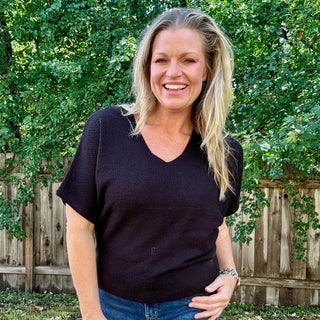 Black Short Sleeve V-Neck Dolman Sweater