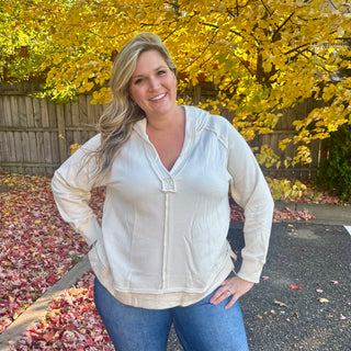 Cream Hooded V-Neck Long Sleeve