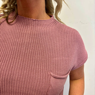 Light Rose Mock Neck Short Sleeve Sweater