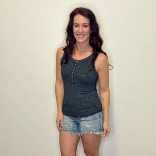 Washed Ribbed  Henley Tank