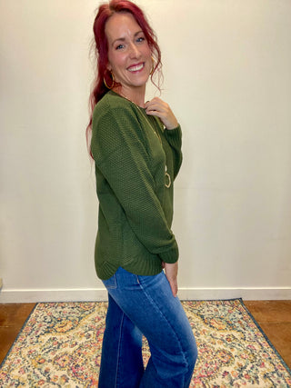 Dark Olive Round Neck Knit Sweater