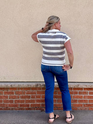 Grey Striped Collared Short Sleeve Sweater