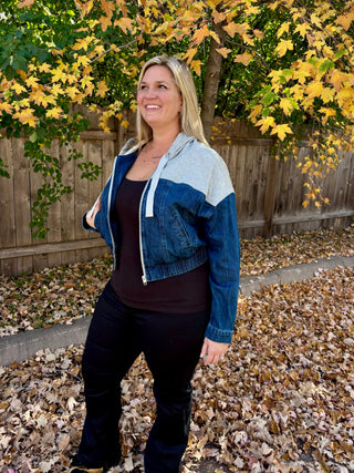 Risen Dark Denim Bomber Jacket with Gray Contrast Hoodie Top