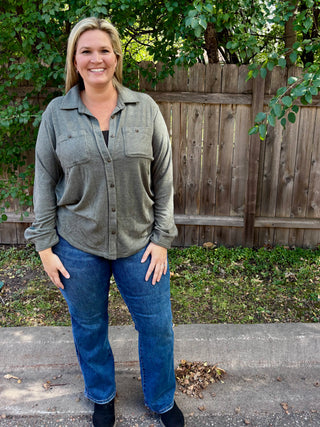 Olive Stretch Solid Button Up