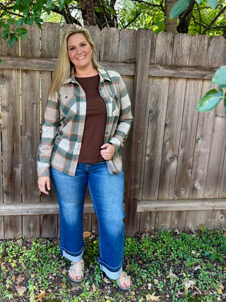 Cream, Tan, Green Stretch Plaid Button Up