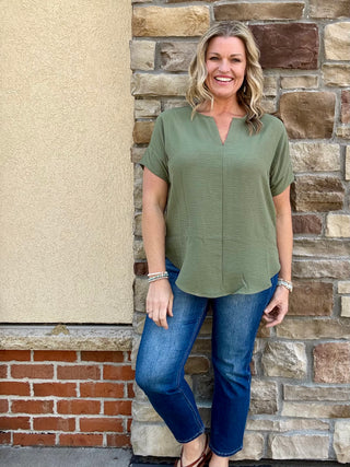 Olive Woven Airflow Short Sleeve Split Neck Top
