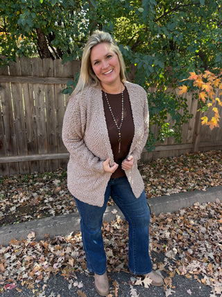 Ash Mocha Long Sleeve Popcorn Sweater Cardigan with Pockets