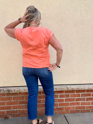 Coral Round Neck Folded Sleeve Tee