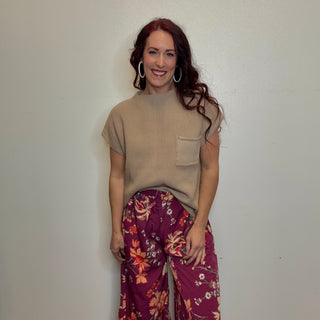 Plum Floral Print Wide Leg Pants