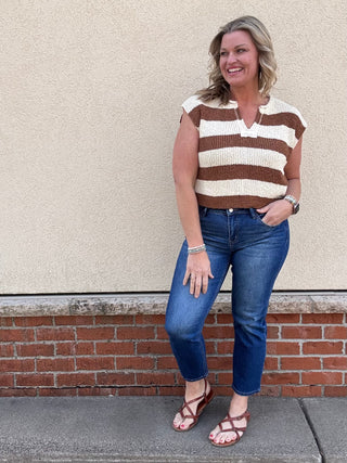Camel Split Neck Sleeveless Stripe Sweater