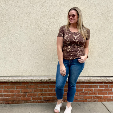 Brown Floral Ribbed Henley Tee