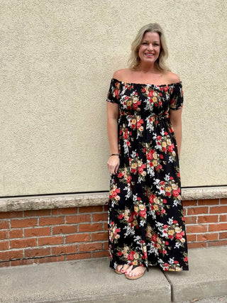 off the shoulder smocked floral dress Love Story Smocked Off Shoulder Dress