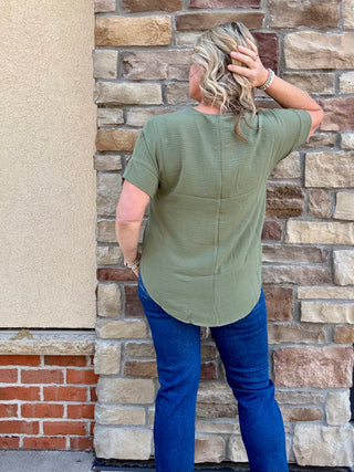 Olive Woven Airflow Short Sleeve Split Neck Top