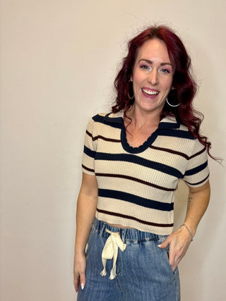 Navy Striped Collared Short Sleeve Cropped Sweater