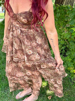 Floral Chiffon Ruffle Tiered Corset Midi Dress