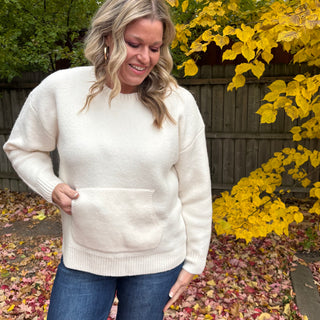 Ivory Crew Neck Sweater with Kangaroo Pocket
