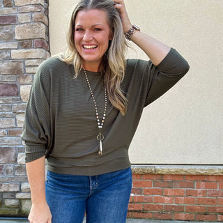 Olive Ribbed Dolman Long Sleeve