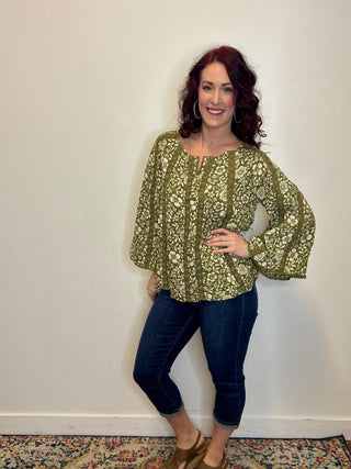 Green Lace Inset Bell Sleeve Blouse