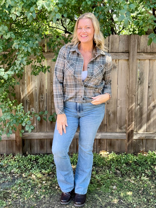 Soft Gray, Tan, White Stretch Plaid Button Up