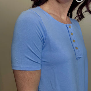 Spring Blue Short Sleeve Quarter Button Top