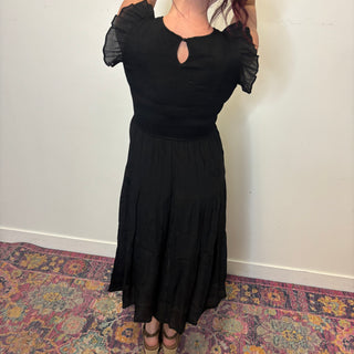 Black Woven Smocked Ruffle Sleeve Midi Dress