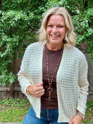 Ivory Open Weave Waffle Texture Cardigan