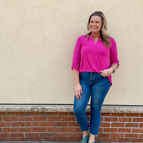 Magenta Split Neck Relaxed 3/4 Sleeve