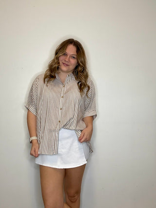 Oversized Brown Striped Button Down Short Sleeve