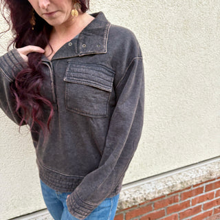 Acid Wash Half Button Fleece Sweater