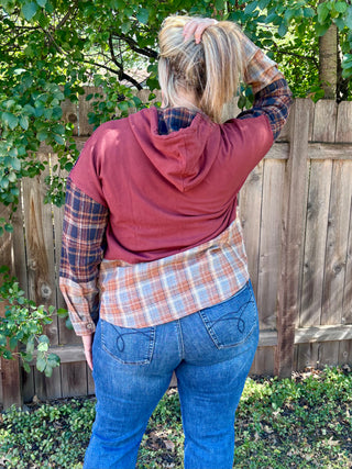 Maroon Soft Knit Hoodie with Mixed Plaid Details