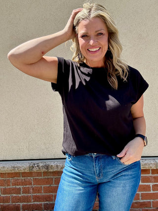 Black Round Neck Folded Sleeve Tee