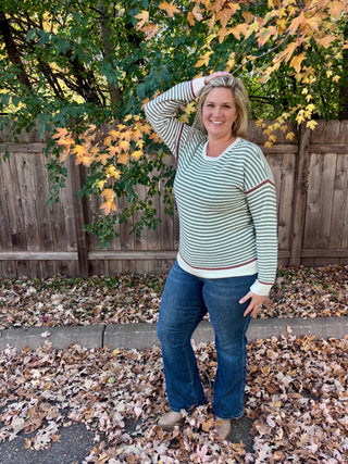 Dark Sage Striped Crew Neck Pullover