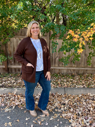 Chocolate Waffle Knit Open Cardigan Sweater