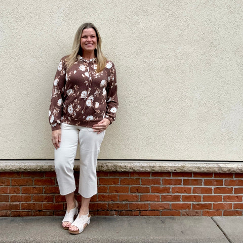 Brown Floral Ribbed Hoodie