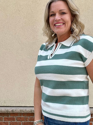 Jade Striped Collared Short Sleeve Sweater