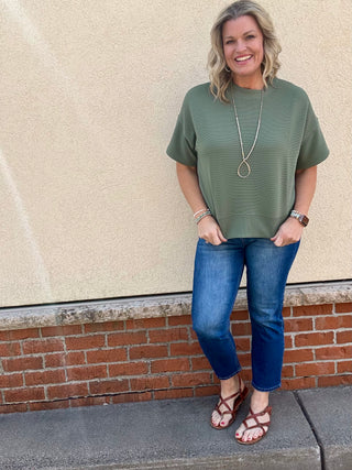 Olive Ribbed Round Neck Short Sleeve