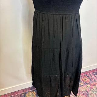 Black Woven Smocked Ruffle Sleeve Midi Dress