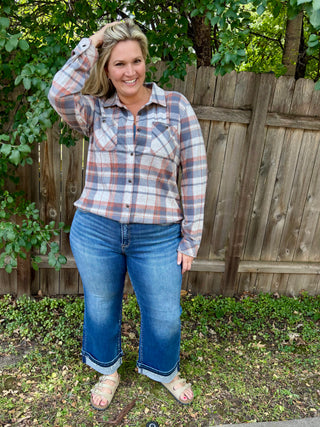 Blue, Blush, Tan Stretch Plaid Button Up